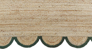 Handmade Scalloped Jute Rug with Dark Forest Green Border Natural Braided Area Rug