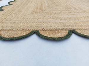Handmade Scalloped Jute Rug with Dark Forest Green Border Natural Braided Area Rug