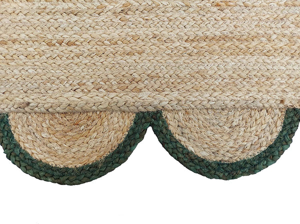 Handmade Scalloped Jute Rug with Dark Forest Green Border Natural Braided Area Rug
