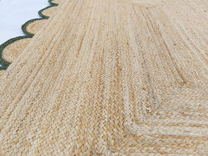 Handmade Scalloped Jute Rug with Dark Forest Green Border Natural Braided Area Rug