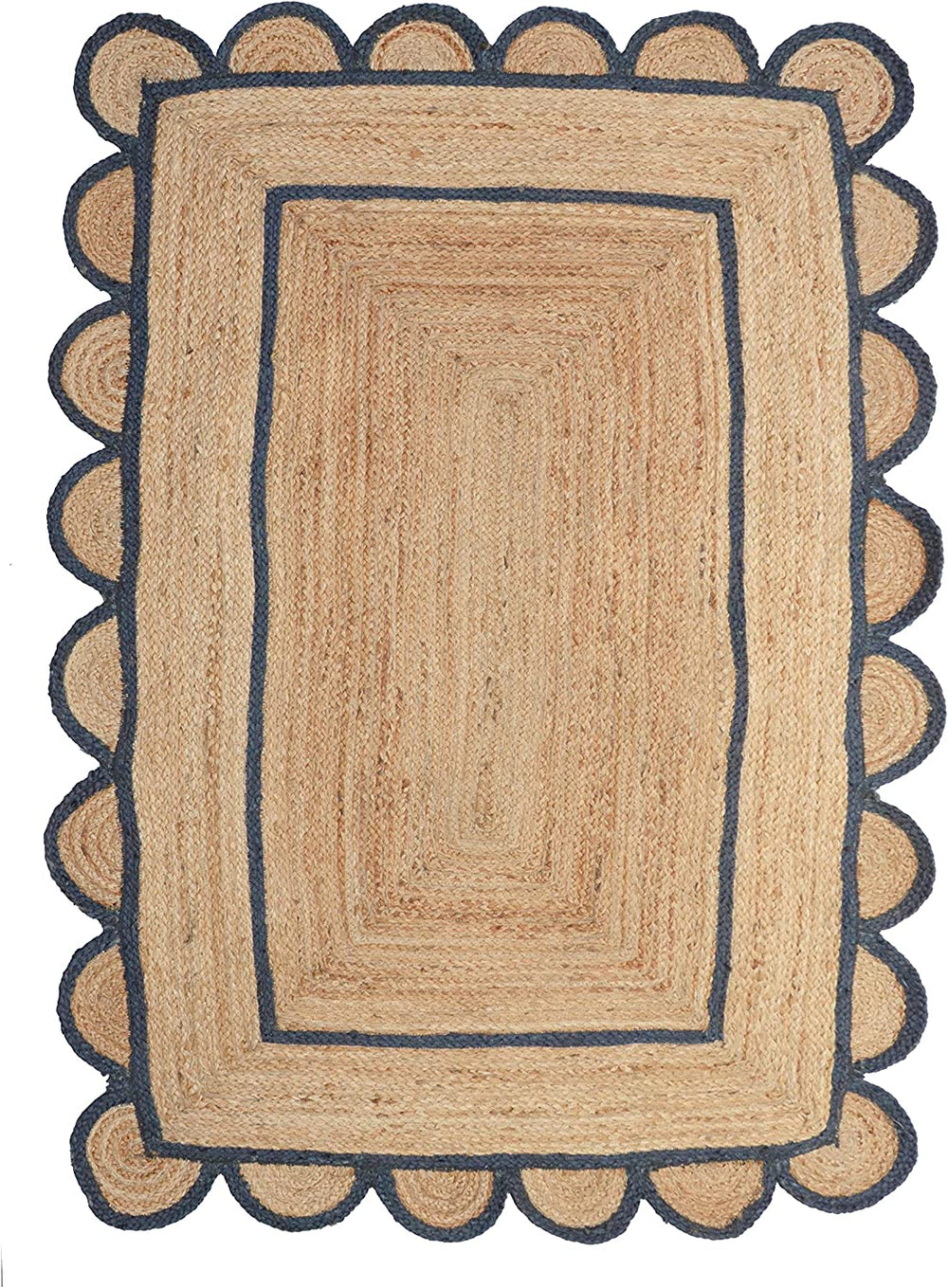 Handwoven natural jute area rug with navy blue scalloped border, eco-friendly braided rectangular rug for modern boho farmhouse living room decor.