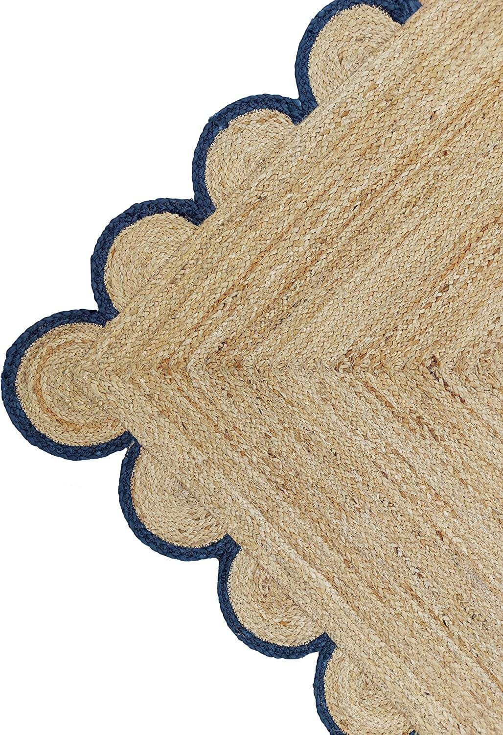 Hand-Braided Hemp Jute Rug with Coloured Scalloped Border - Rustic Bohemian Elegance
