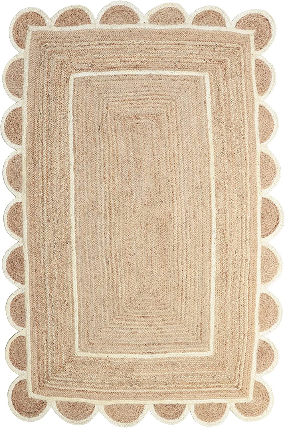 Handmade natural jute scalloped area rug with braided flatweave design in a modern living room