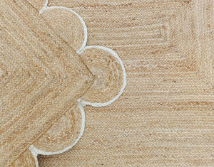Handwoven Natural Jute Area Rug with Scalloped Border Handmade Braided Boho Farmhouse Rug