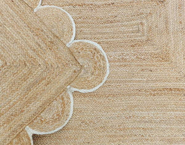 Handwoven Natural Jute Area Rug with Scalloped Border Handmade Braided Boho Farmhouse Rug