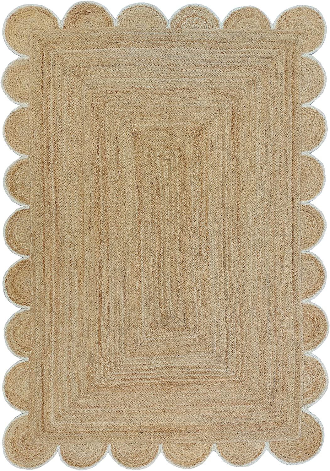Hand-Braided Hemp Jute Rug with Coloured Scalloped Border - Rustic Bohemian Elegance