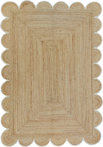 Hand-Braided Hemp Jute Rug with Coloured Scalloped Border - Rustic Bohemian Elegance