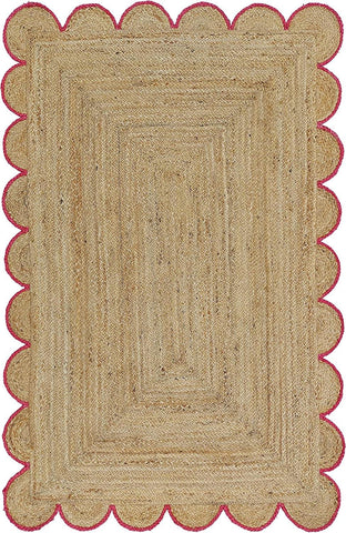 Hand-Braided Hemp Jute Rug with Coloured Scalloped Border - Rustic Bohemian Elegance