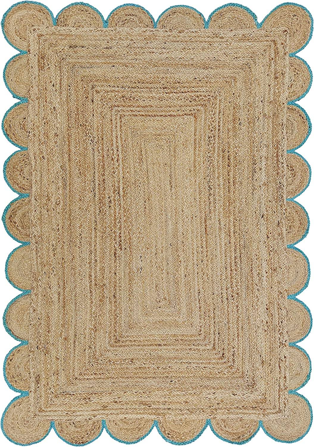 Hand-Braided Hemp Jute Rug with Coloured Scalloped Border - Rustic Bohemian Elegance