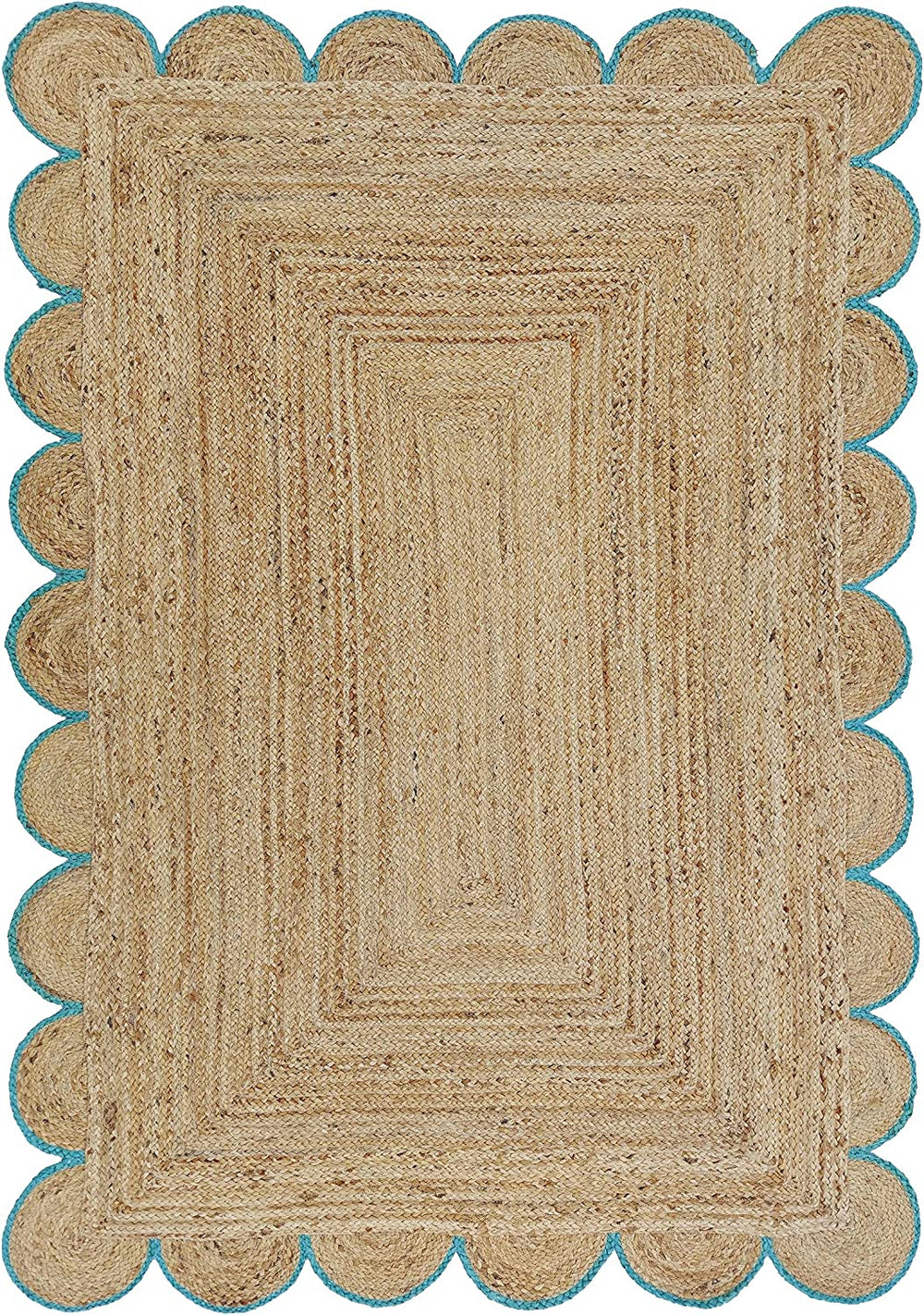 Scalloped Jute Rug with Teal Border Handmade Natural Area Rug Boho Living Room Rug