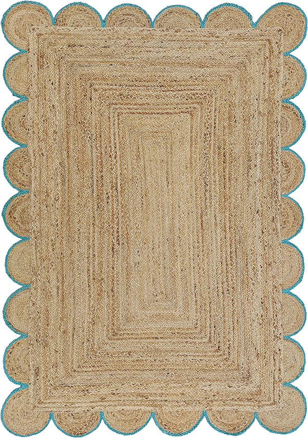 Scalloped Jute Rug with Teal Border Handmade Natural Area Rug Boho Living Room Rug