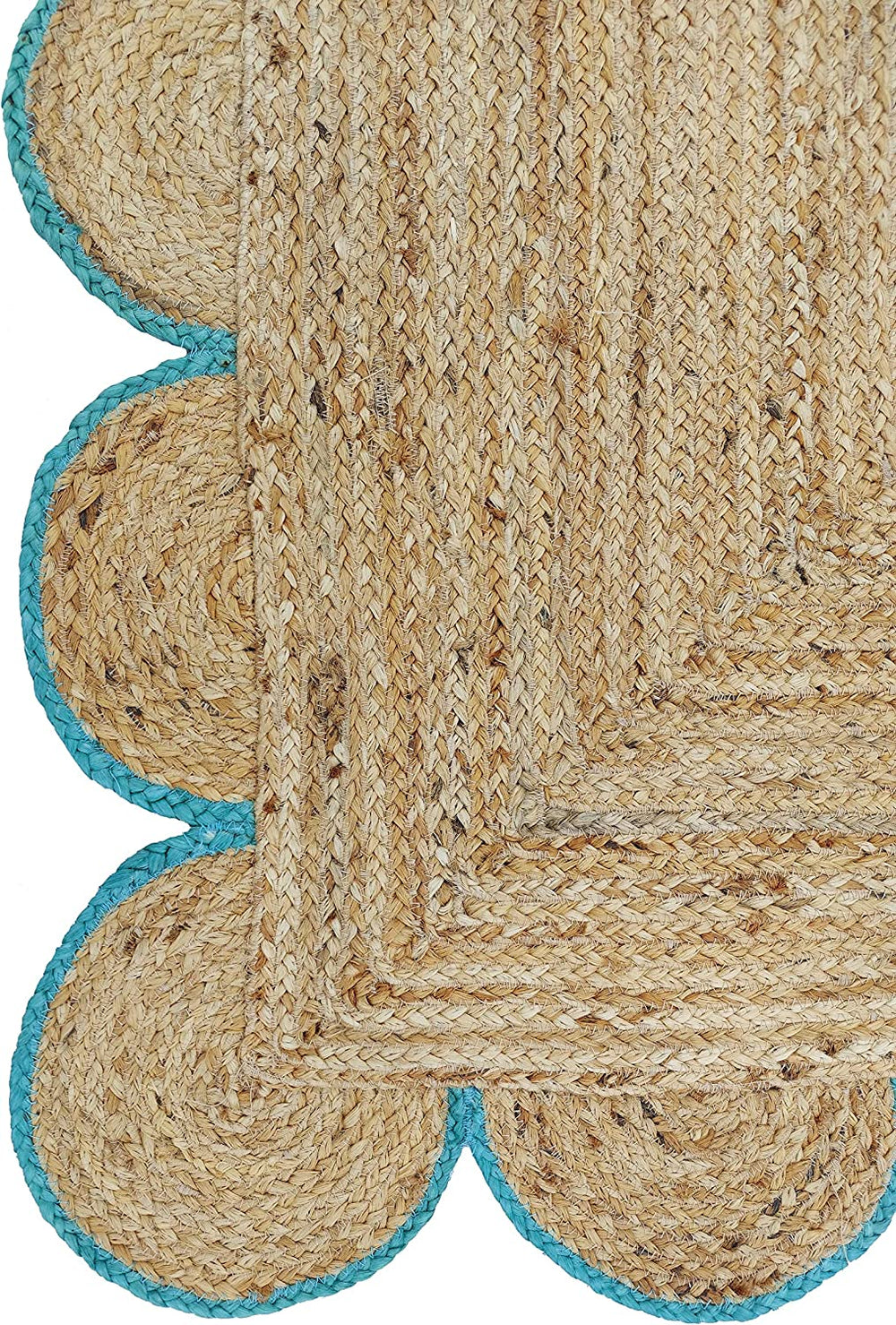 Scalloped Jute Rug with Teal Border Handmade Natural Area Rug Boho Living Room Rug
