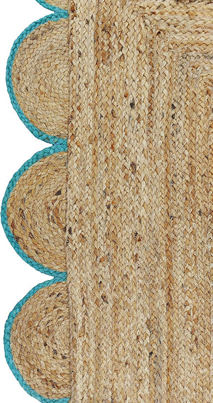 Scalloped Jute Rug with Teal Border Handmade Natural Area Rug Boho Living Room Rug