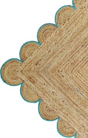Scalloped Jute Rug with Teal Border Handmade Natural Area Rug Boho Living Room Rug