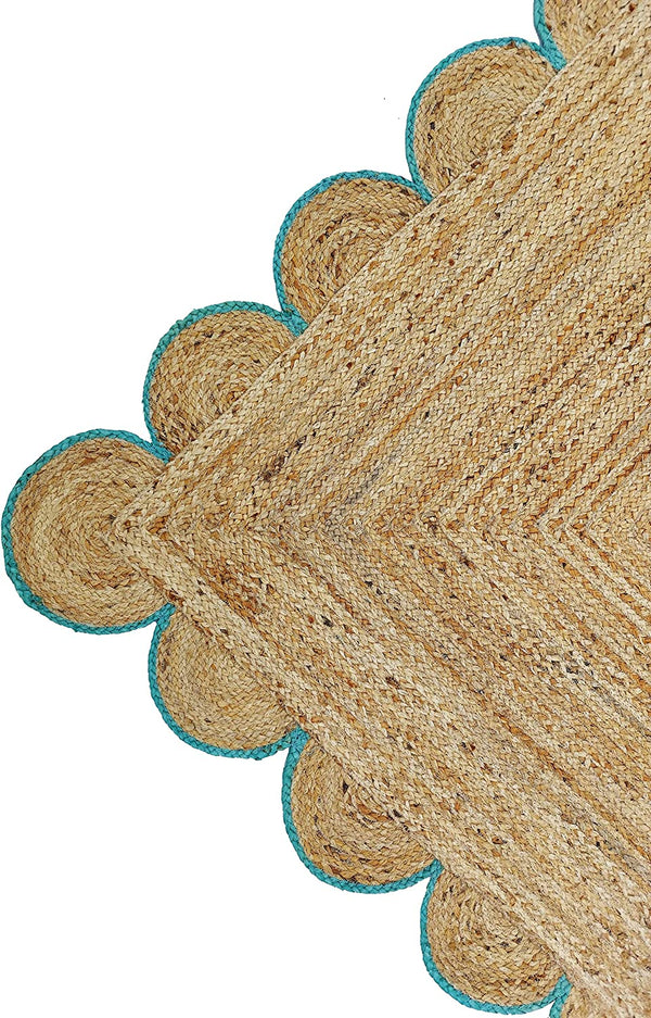 Scalloped Jute Rug with Teal Border Handmade Natural Area Rug Boho Living Room Rug