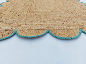 Scalloped Jute Rug with Teal Border Handmade Natural Area Rug Boho Living Room Rug