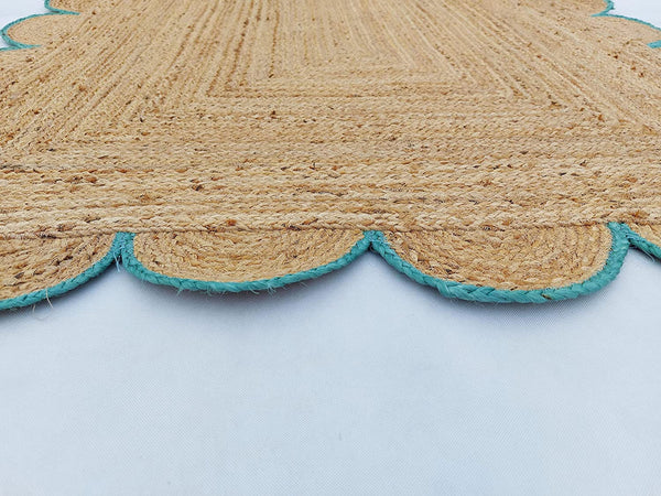 Scalloped Jute Rug with Teal Border Handmade Natural Area Rug Boho Living Room Rug