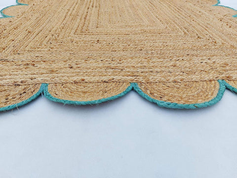 Hand-Braided Hemp Jute Rug with Coloured Scalloped Border - Rustic Bohemian Elegance