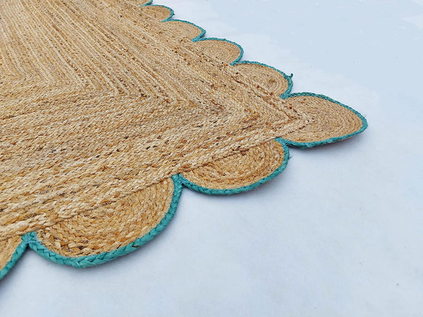 Scalloped Jute Rug with Teal Border Handmade Natural Area Rug Boho Living Room Rug