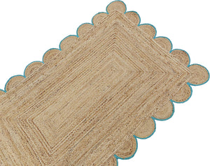 Scalloped Jute Rug with Teal Border Handmade Natural Area Rug Boho Living Room Rug