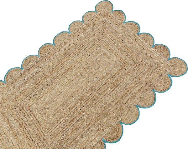 Scalloped Jute Rug with Teal Border Handmade Natural Area Rug Boho Living Room Rug