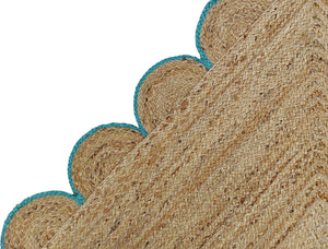 Scalloped Jute Rug with Teal Border Handmade Natural Area Rug Boho Living Room Rug