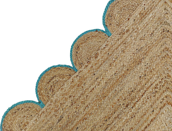 Scalloped Jute Rug with Teal Border Handmade Natural Area Rug Boho Living Room Rug