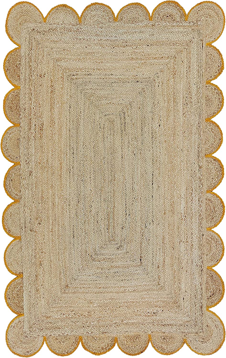 Handwoven Natural Jute Area Rug with Mustard Scalloped Border Styled in a Modern Scandinavian Living Room
