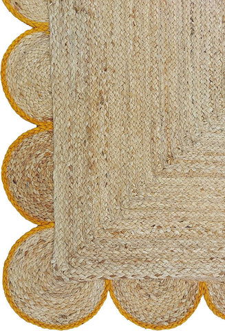 Hand-Braided Hemp Jute Rug with Coloured Scalloped Border - Rustic Bohemian Elegance