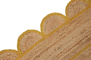 Handmade Natural Jute Scalloped Area Rug with Mustard Border Boho Braided Flatweave Rug For Living Room