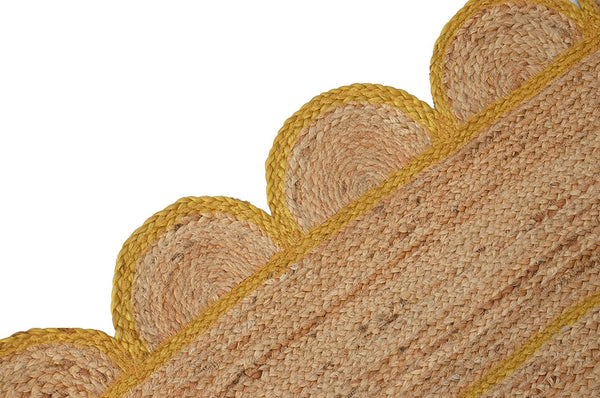 Handmade Natural Jute Scalloped Area Rug with Mustard Border Boho Braided Flatweave Rug For Living Room