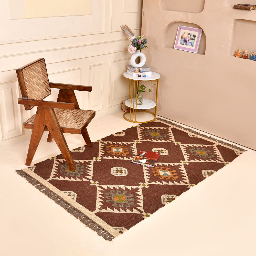 Handwoven Wool Jute Brown Kilim Rug