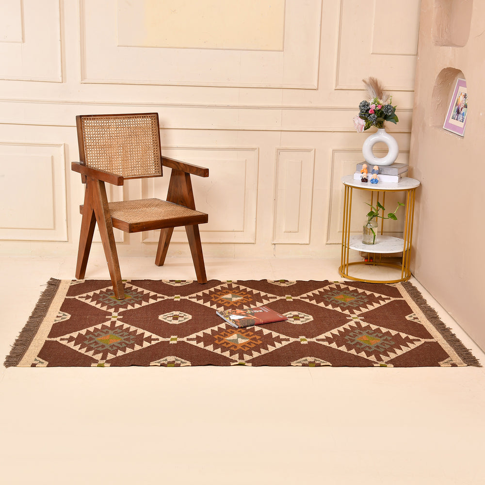Handwoven Wool Jute Brown Kilim Rug