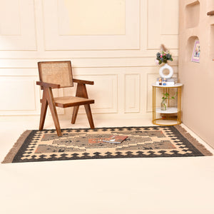 Geometric Area Rug Handwoven Wool Jute - Elegant Black