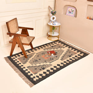 Geometric Area Rug Handwoven Wool Jute - Elegant Black