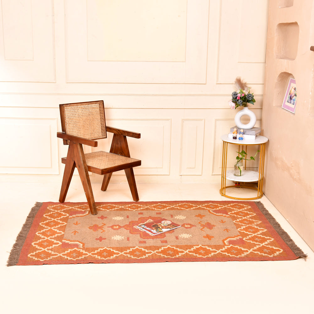 Handwoven Wool Jute Modern Brick red Kilim Rug