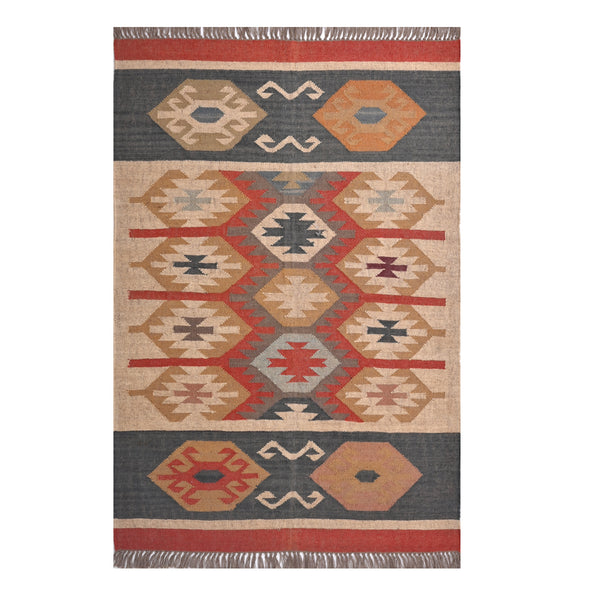 Handmade wool jute kilim area rug featuring Southwestern tribal geometric patterns in beige, charcoal, rust, and ivory for boho farmhouse home décor.
