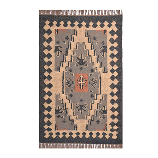 Handwoven Wool Jute Kilim Rug Black Tribal Area Rug Southwestern Geometric Boho Rug
