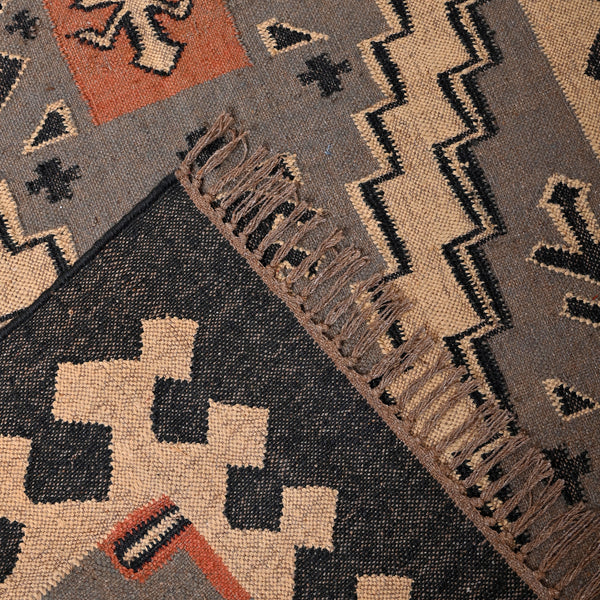 Geometric Area Rug Handwoven Wool Jute - Elegant Black