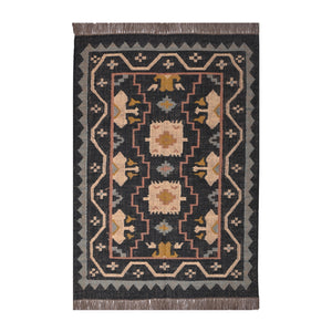 Geometric Area Rug Handwoven Wool Jute - Elegant Black Zigzag