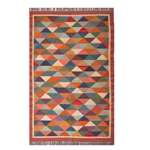 Handwoven multicolor geometric kilim area rug featuring colorful triangle patterns in wool and natural jute for living room, bedroom, hallway, and modern home décor.