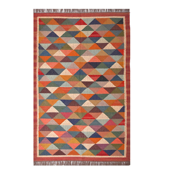 Handwoven multicolor geometric kilim area rug featuring colorful triangle patterns in wool and natural jute for living room, bedroom, hallway, and modern home décor.