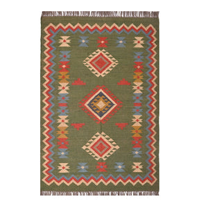 Olive Green Modern Geometric Kilim Wool Jute Area Rug