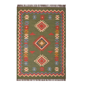 Handwoven green Kilim area rug with colorful tribal geometric pattern, handmade wool cotton flatweave boho rug for living room and bedroom.