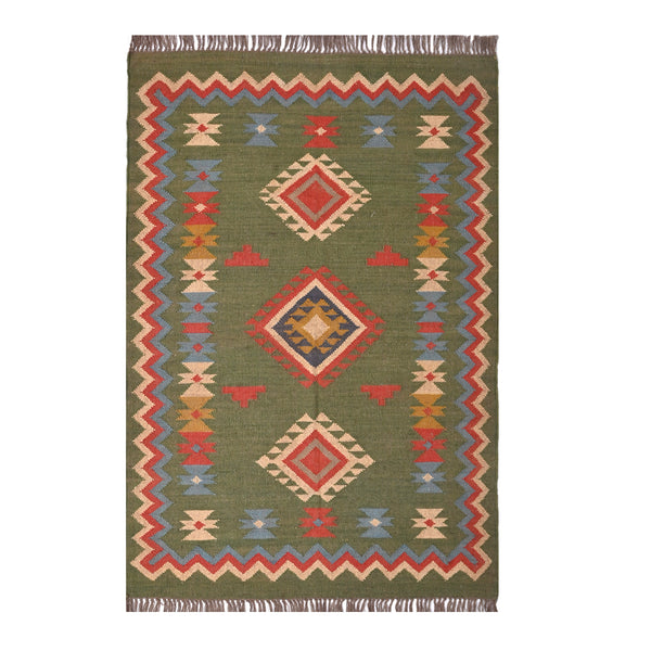 Handwoven green Kilim area rug with colorful tribal geometric pattern, handmade wool cotton flatweave boho rug for living room and bedroom.