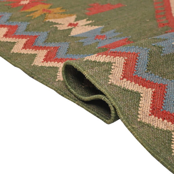 Handwoven green Kilim area rug with colorful tribal geometric pattern, handmade wool cotton flatweave boho rug for living room and bedroom.