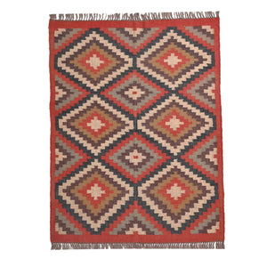Handwoven geometric wool jute kilim area rug with tribal diamond pattern in terracotta, beige, charcoal, and ivory colors for living room and bedroom décor.