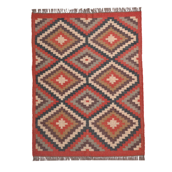 Handwoven geometric wool jute kilim area rug with tribal diamond pattern in terracotta, beige, charcoal, and ivory colors for living room and bedroom décor.