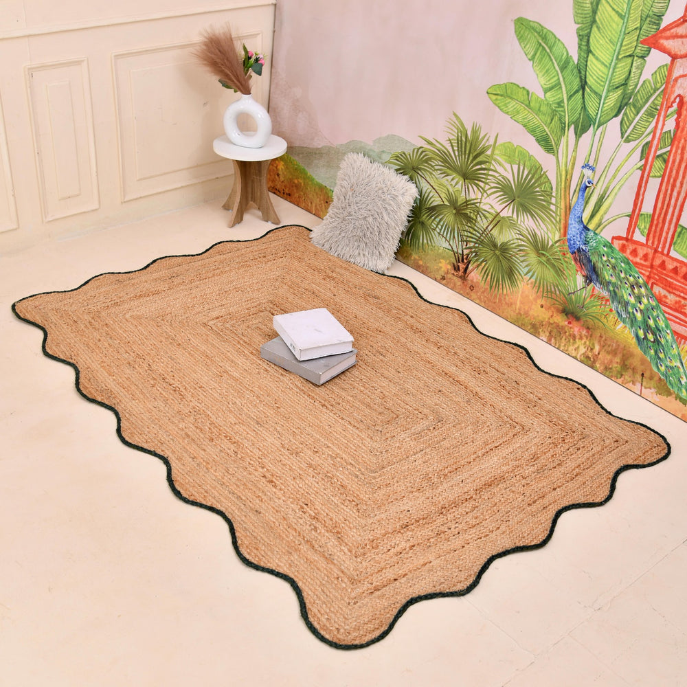 Handwoven Natural Jute Scalloped Area Rug - Handmade Boho Farmhouse Rug