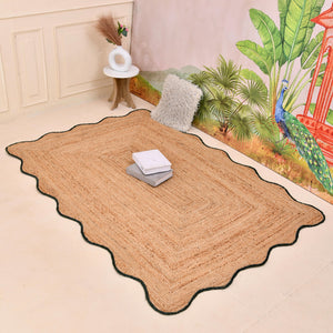 Handwoven Natural Jute Scalloped Area Rug - Handmade Boho Farmhouse Rug